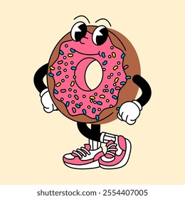 Donut retro mascot with hand and foot. Donut and Fast Food Retro vintage mascot cartoon stickers with funny comic characters and gloved hands.