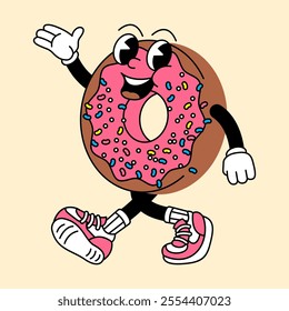 Donut retro mascot with hand and foot. Donut and Fast Food Retro vintage mascot cartoon stickers with funny comic characters and gloved hands.