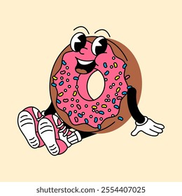 Donut retro mascot with hand and foot. Donut and Fast Food Retro vintage mascot cartoon stickers with funny comic characters and gloved hands.