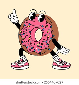 Donut retro mascot with hand and foot. Donut and Fast Food Retro vintage mascot cartoon stickers with funny comic characters and gloved hands.