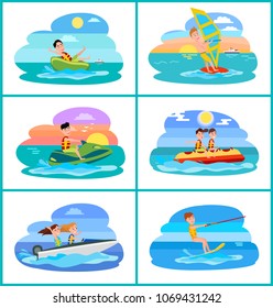 Donut ride collection activities, windsurfing and boating, banana boat summer sport, sports set vector illustration isolated on white background