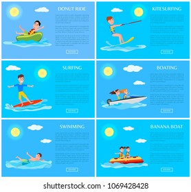 Donut ride and kitesurfing set water sport surfing and boarding, swimming and banana boat, water sport vector illustration isolated on blue background
