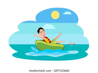 Donut ride watersport activity, boy has fun with rubber ring in sea or ocean, ship on background, man who wears waterproof vest vector illustration.