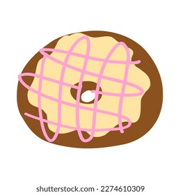 Donut ring in cartoon flat style. Pink glaze on a vanilla cream with chocolate base. Sweet bakery. Colorful candy for party and shop. Doughnut. Vector illustration isolated on white background.
