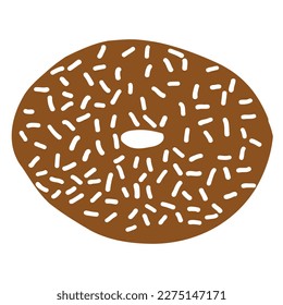Donut ring in cartoon flat style. White glazed sprinkles on a chocolate base Sweet bakery. Colorful candy for party and shop. Delicious doughnut. Vector illustration isolated on white background.