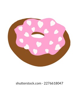 Donut ring in cartoon flat style. White hearths sprinkles on a pink cream with chocolate base. Sweet bakery. Colorful candy for party and shop. Vector illustration isolated on white background.