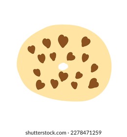 Donut ring in cartoon flat style. Chocolate hearths on a wheat base. Sweet bakery. Colorful candy for party and shop. Delicious sugary doughnut. Vector illustration isolated on white background.