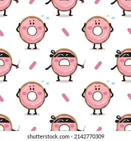 Donut robber with knife and scared donut seamless pattern. Pink Doughnut texture illustration. Funny kids flat digital textile pattern of pink glazed happy donut.