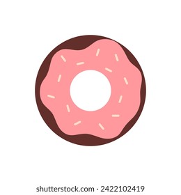 Donut, round doughnut with strawberry glaze, candy and chocolate sprinkles vector illustration