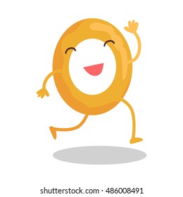 Donut running away isolated on white. Funny food story conceptual banner. Fresh cooked donut character in cartoon style. Happy meal for children. For childish menu poster. Vector design illustration