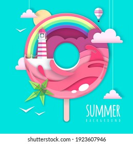 Donut with sea or osean island landscape and lighthouse inside. Summer beach background. Cut out paper art style design. Origami