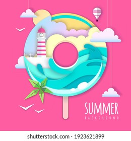 Donut with sea or osean island landscape and lighthouse inside. Summer beach background. Cut out paper art style design. Origami