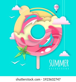 Donut with sea or osean island landscape and dolphin inside. Summer beach background. Cut out paper art style design. Origami
