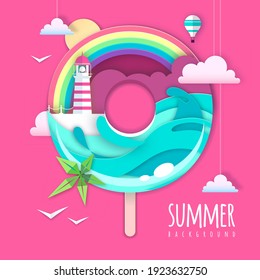 Donut with sea or osean island landscape and lighthouse inside. Summer beach background. Cut out paper art style design. Origami