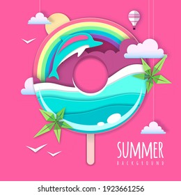 Donut with sea or osean island landscape and dolphin inside. Summer beach background. Cut out paper art style design. Origami