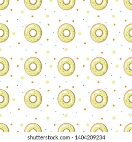 Donut seamless geometric pattern on white background. Vegan, natural and eco vector illustrations of  doughnuts.