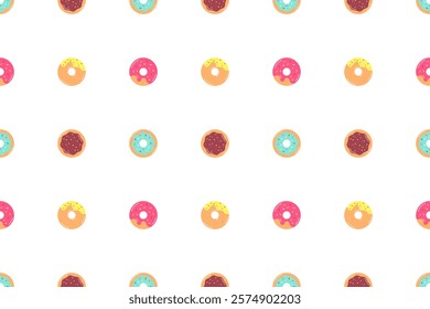 Donut seamless pattern. Chocolate glazed donuts, strawberry, pistachio donuts, and classic donuts with sprinkles topping. Cute sweet food background. Colorful design for textile, wallpaper, prints