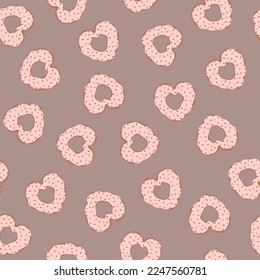 Donut seamless pattern. Cute cartoon heart shaped donut. Background for valentine's day greeting cards, party invitations, posters and prints. Vector illustration