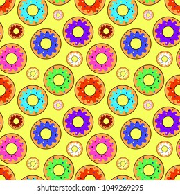 Donut seamless pattern with different topping on yellow background Flat vector illustration EPS