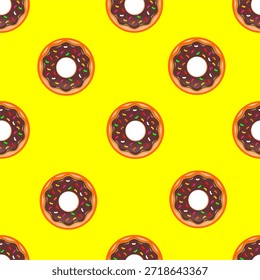Donut sin patrón. Patrón de donas sobre fondo amarillo. Patrón de dona dulce con chispas de colores. Patrón sin fisuras con rosquillas esmaltadas.