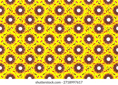 Donut sin patrón. Patrón de donas sobre fondo amarillo. Patrón de dona dulce con chispas de colores. Patrón sin fisuras con rosquillas esmaltadas.