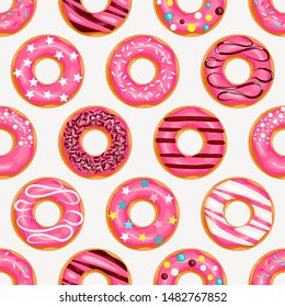 Donut seamless pattern for fabric, wrapping, wallpaper. Decorative print.  Pink, donut with different topping on white background