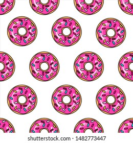 Donut seamless pattern for fabric, wrapping, wallpaper. Decorative print.  Pink, donut with different topping on white background