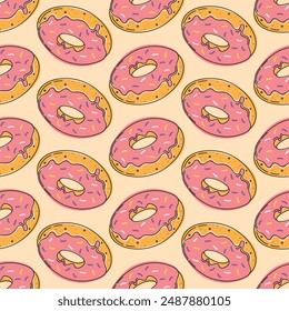donut seamless pattern, food flat illustration, cartoon hand drawn style