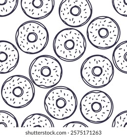 Donut seamless pattern. Hand drawn line dessert background blue on white. Yummy backdrop