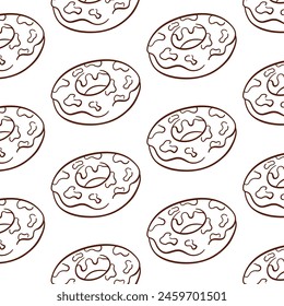 Donut seamless pattern in line art style. Simple hand drawn wallpaper for design, restaurant, delivery, bakery menu. Vector illustration on a white background.