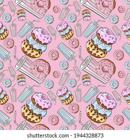 Donut Seamless pattern, milk cocktail seamless pattern.No diet day. Dessert picture. Cup cake  vector.Poster. Print for fabric, packaging, label, poster, print. 