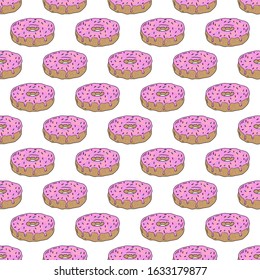 Donut seamless pattern on white background.Hand drawing.Doughnut with pink icing and topping.a simple group of doughnut.Confectionery baked goods.Printing on textiles, packaging.Vector illustration