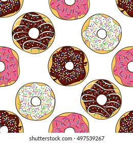 Donut  seamless pattern. Donut on white background. A donut with pink, brown chocolate colors icing. Vector background with stickers,  patches in cartoon comic style, restaurant menu booklet design.
