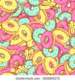 Donut seamless pattern. Pink donut and blue mint donut with different topping on pink background