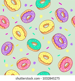 Donut seamless pattern. Pink donut and blue mint donut with different topping on pink background