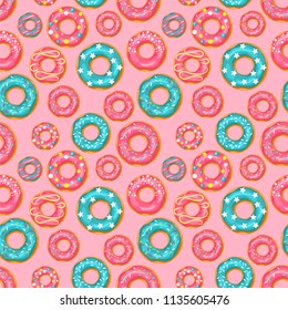 Donut seamless pattern. Pink and blue donut with different topping on pink background