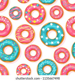 Donut seamless pattern. Pink and blue mint donut with different topping on white background