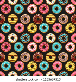 Donut seamless pattern. Pink, chocolate, lemon and blue mint donut with different topping on black background