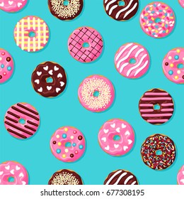 Donut Seamless Pattern. Pink, Chocolate And Blue Mint Donut With Different Topping On Blue Background