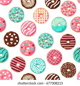 Donut Seamless Pattern. Pink, Chocolate And Blue Mint Donut With Different Topping On White Background