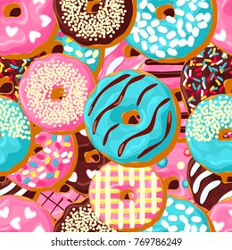 Donut seamless pattern. Pink , chocolate  and blue mint donut with different topping on chocolate background