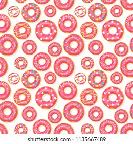 Donut seamless pattern. Pink donuts with different topping