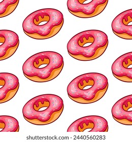 Donut seamless pattern with pink icing in cartoon style. Simple cupcake line design for wallpaper, bakery and cafe menu. Vector illustration on a white background.