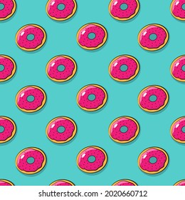 Donut seamless pattern. Pop art Donut on a bright blue background. Vector retro pattern.