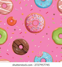 Nahtloses Muster. Realistische Donuts bunter Sprint, Donut Kuchen Gebäck Dessert Süßigkeiten Zucker Konfetti Allover rosa Hintergrund süße Textur Café Druck Vektorgrafik