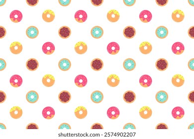 Donut Seamless Pattern. Set of Doughnuts with different glazes and sprinkles. Summer colorful Background with Buns, desserts, Bakery, cakes. Geometric Vector cover, banner, print, wrapping, wallpaper