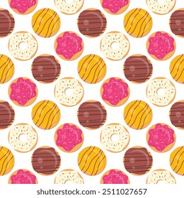 Donut Seamless Pattern. Sweet Food Background. Doughnut Dessert Backdrop for Birthday, Sweetest Day, Bakery, Confectionary.