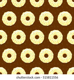 Donut seamless pattern. Sweet sugar icing donuts in the yellow glaze on chocolate creamy background. Food bakery decoration. Vector eps8 illustration.