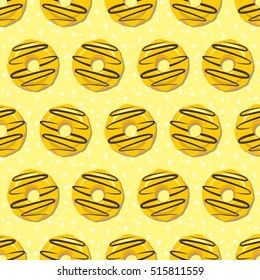 Donut seamless pattern. Sweet sugar icing donuts in the yellow glaze on light creamy background. Food bakery decoration. Vector eps8 illustration.