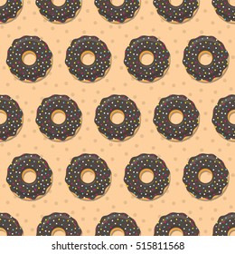 Donut seamless pattern. Sweet sugar icing donuts in the chocolate glaze on beige creamy background. Food bakery decoration. Vector eps8 illustration.
